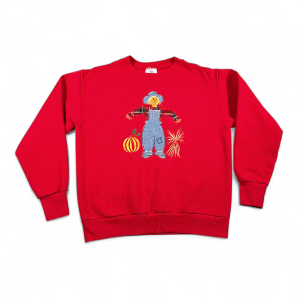 Vintage Scarecrow Sweater Adult SMALL Red Pumpkin Halloween Delta USA Made 90s